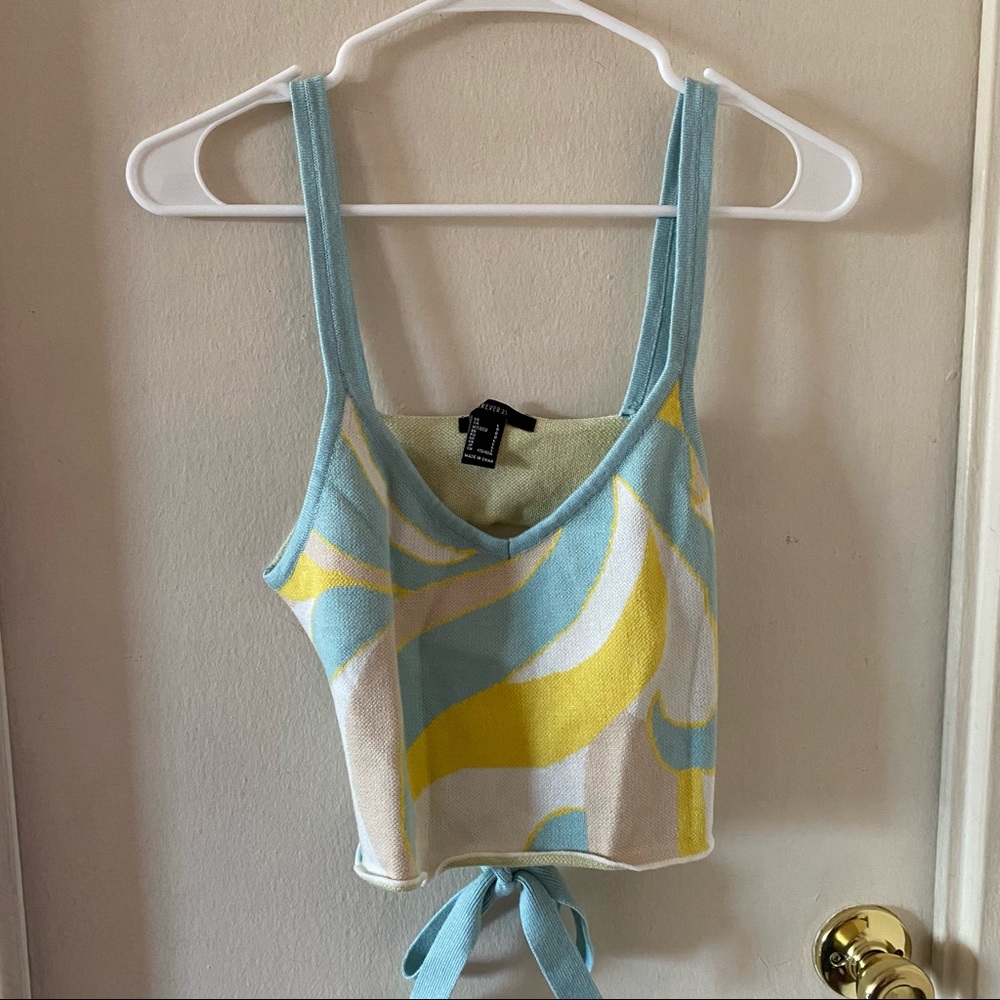 Forever 21 Blue, Yellow, White Pattern Open Back Crop Tank Top w Tie